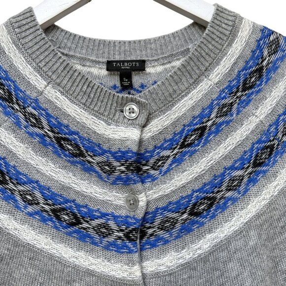 TALBOTS Fair Isle Cardigan Sweater Small Petite Gray Blue Lambswool Nylon Womens - Picture 5 of 9